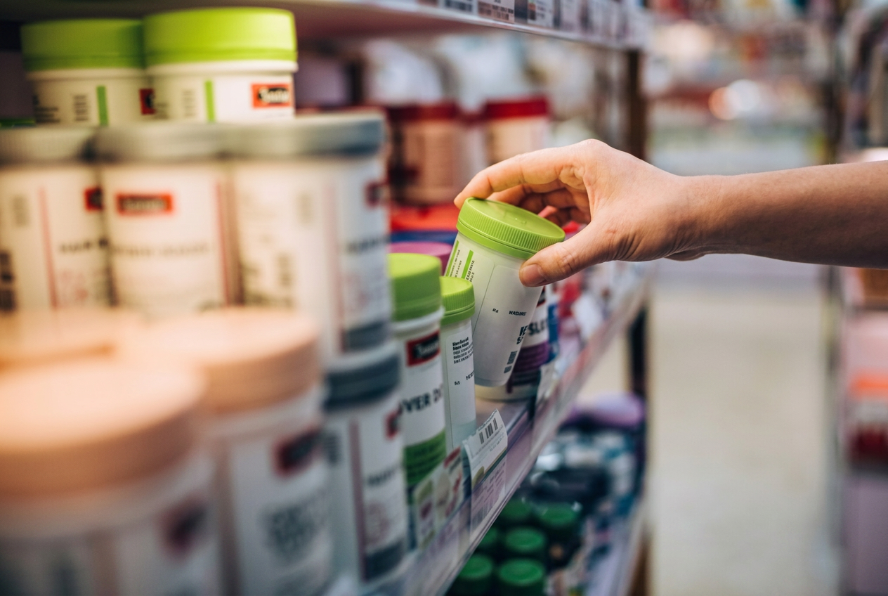 Nutribills supplements on a pharmacy shelf