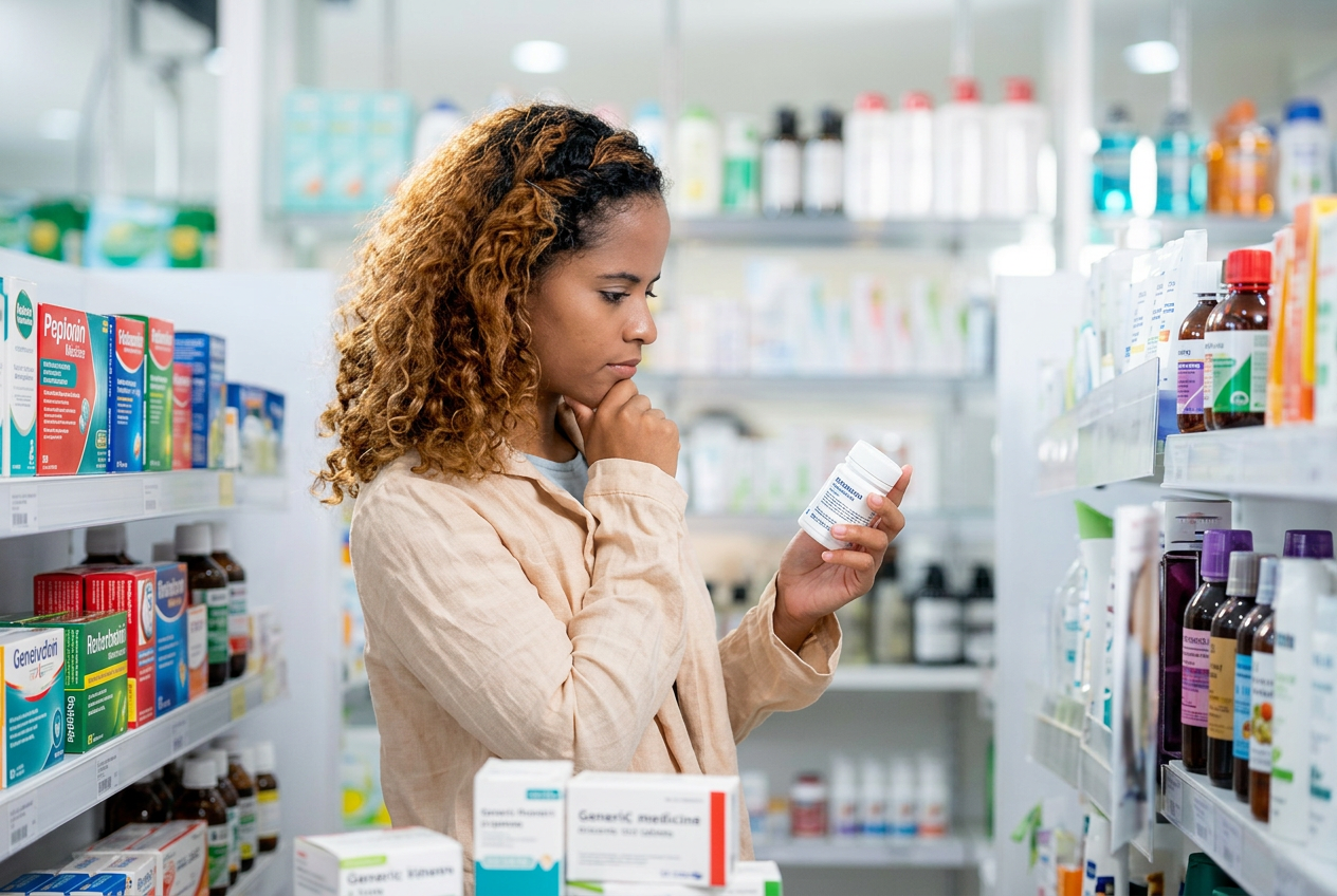 Customer reading a Nutribills supplement label before checkout